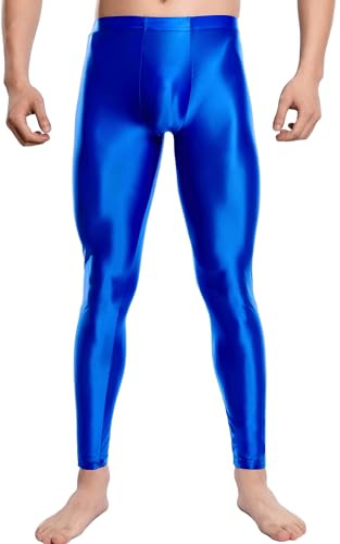 FEOYA Herren Leggings Öl Glänzend Sporthosen Lang Hosen Strumpfhosen Yoga Unterhose L Blau