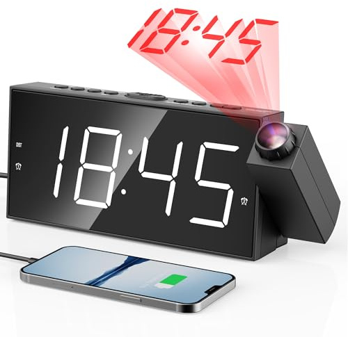 Projektionswecker für Schlafzimmer, Digitalwecker mit großer 7 LED-Anzeige, Dimmer, 180° Projektor, USB-Ladegerät, 12/24 H, DST, Snooze, Batterie Backup, Schreibtisch Wand Deckenuhr für ältere Kinder