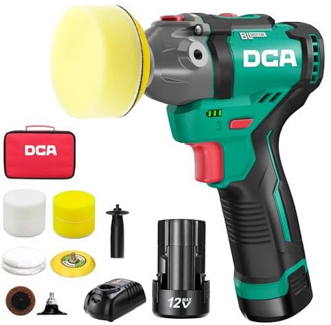 DCA Mini Poliermaschine Auto, 12V Akku Poliermaschine, 75mm Bürstenlose Auto Polierer und 50mm Schleifmaschine, 2x 2,0Ah Akkus, 2 Geschwindigkeit 2800-8300 U/min für die Autopflege Schleifen/Wachsen