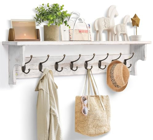 Bekrvio Wandgarderobe mit Ablage,Massivholz Garderobenleiste holz Eingangsregal mit 8 Kleiderhaken,Schlüsselbrett und Kleiderhaken für Flur, Schlafzimmer, Badezimmer – 91 cm