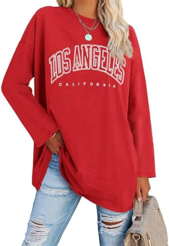 Ebifin Oversize Langarmshirt Damen Longshirt Rundhalsausschnitt Los Angeles Oberteil Langarm T Shirts Pullover Basic Tunika Tee Tops.Rot.XL