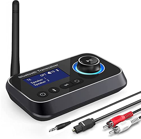 Ainostone 3-in-1 Bluetooth 5.0 Sender Empfänger für 2 Kopfhörer Bluetooth Audio Adapter Low Latency Bluetooth Transmitter mit Bypass Schalter Lautstärkeregelung AUX Optisch RCA für TV Stereoanlage PC