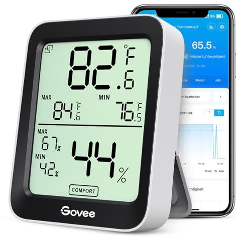 Govee Bluetooth Thermometer Hygrometer Innen, LCD Digital Temperatur luftfeuchtigkeitsmesser mit Benachrichtigungs Alarm, Präzise Thermo-Hygrometer mit APP, Datenspeicherung für Gewächshaus Weinkeller