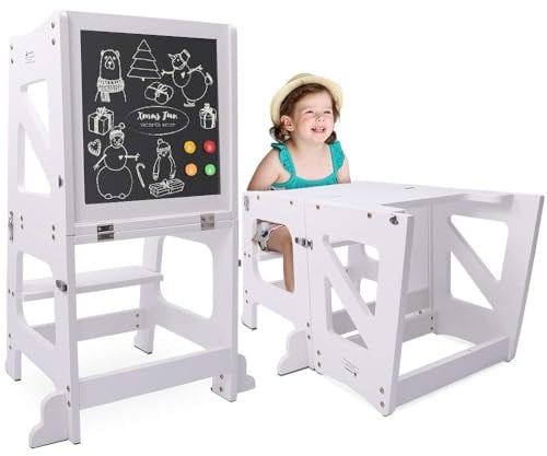 YOLEO Lernturm ab 1 Jahr, 3 in 1 Learning Tower für Kinder, Klappbare Tritthocker mit Rausfallschutz, mit doppelseitiger magnetischer Tafel, Küchen-/Badezimmerhelfer (Weiß)