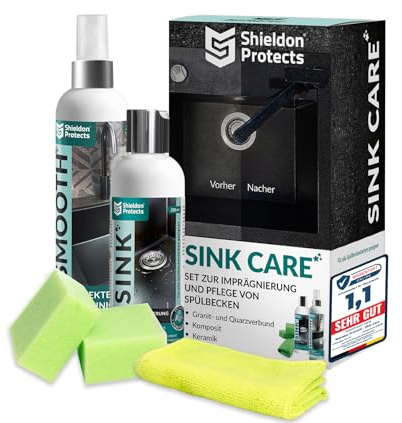 Shieldon Protects 2er Set Reiniger (250 ml) & Imprägnat (200 ml) für Granitspülen - mit Schwämme und Mikrofasertuch - Reinigung & Wasserabweisende Imprägnierung für Granit Blanco Silgranit Spüle