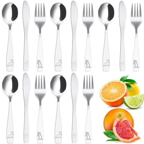 15 Stück Kinderbesteck Edelstahl mit Dinosaurier Gravur, Kinder Besteck Set Spülmaschinenfest Polieren Gegen Rost 5x Babylöffel Babygabel Babymesser für Kinder Über 3 Jahre