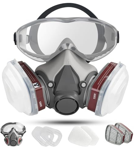 sykua Atemschutzmaske mit Filter und Integrierter Schutzbrille, Gasmaske Staubmasken Atemschutz Feinstaub Schutzmaske Staub Gase Dämpfe,Lackiermaske Respirator für Lackier,Schleifen,Epoxidharz