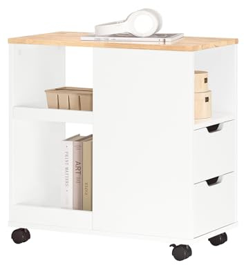 SoBuy Druckertisch mit Rollen & Rollcontainer – Mobiler Druckerständer & Aktenschrank für Büro und Home Office, Beistelltisch mit Schubladen & Stauraum, B60 x T30 x H60 cm, FBT130-WN