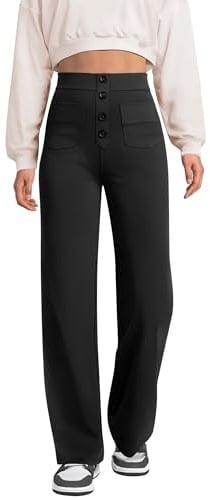 Glacspyg Weite Hose Damen Hohe Taille Sporthose Knopf Gerade Hosen mit Taschen Elastische Freizeithose