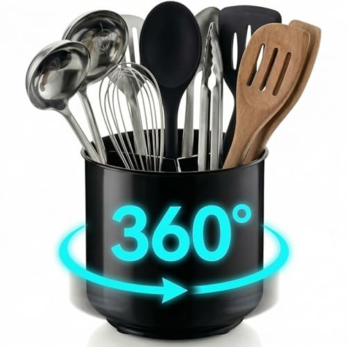 Cooler Kitchen Utensilienhalter Küche Extra Groß Drehbar Schwarz mit Beschwertem Boden, Herausnehmbarer Trennwand und Griffigem Einsatz – Rostfrei und Spülmaschinenfest – 17,9 cm