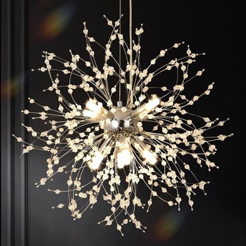 KUNYEEE Moderne Feuerwerks-Kronleuchter Dandelion Pendelleuchte, Chromsilber 8 Leuchten G9 Leuchten, Kristall-Kronleuchter-Leuchte für Wohnzimmer, Schlafzimmer, Esszimmer, Foyer, Flur, Φ45 cm