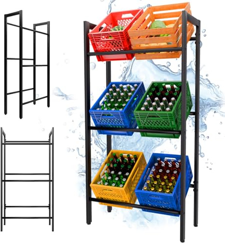 Tronitechnik® Getränkekistenregal aus verzinktem Stahl, Getränkeregal, schwarz, 71x32x140 cm, 3 Ebenen je 120 kg Tragkraft, stabiles Metallregal für Keller, Vorratsraum, Garage oder Werkstatt