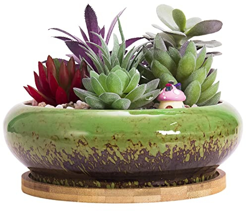 ARTKETTY 18,5 cm Rund Sukkulente Pflanzgefäße Töpfe Mit Drainageloch Bonsai Töpfe Garten Dekorative Kaktusständer Keramik Glasiert Kaktus Blumentöpfe Grün, Mit Bambusuntersetzer