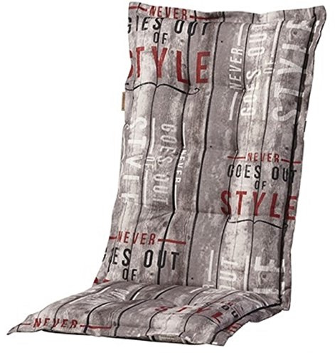 Madison 8 cm Luxus Hochlehner Auflage C 067, Grau Gestreift mit Schrift, 120 x 50 x 8 cm, Schaum-/Vliesfüllung, 50% Baumwolle 50% Polyester