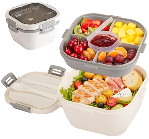 VINATO Bento Box 1700 ml Salat To Go Box Auslaufsicher Brotdose Mit Fächern | Ideal für Arbeit & Schule | Mit Besteck | BPA Frei | Mikrowellen- & Kühlschrankgeeignet