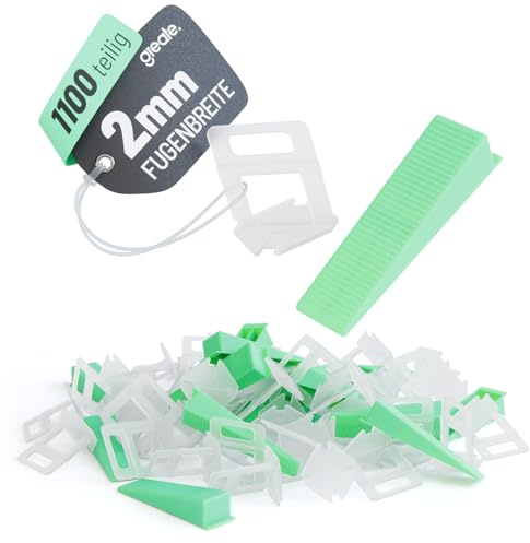greate 1100-teiliges Fliesen Nivelliersystem 2mm - Fliesenverlegehilfe Set mit 1000 Zuglaschen & 100 Keile - Fliesen Verlegehilfe - Fliesenkeile