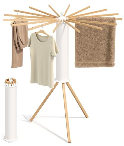 SONGMICS Wäscheständer, faltbar, 16 Holzarme, drehbar, Natur | Platzsparend, ausziehbar, Waschkeller, Balkon, BUNJI Collection, LLR530YW01