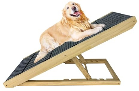 LZQ Hundetreppe Hunderampe Auto Klappbar für Kleine Hunde und Katzen, Tragbare Hundeleiter Höhenverstellbar Haustiertreppe aus Holz mit Anti-rutsch Teppich für Bett Sofa, 100 cm lang