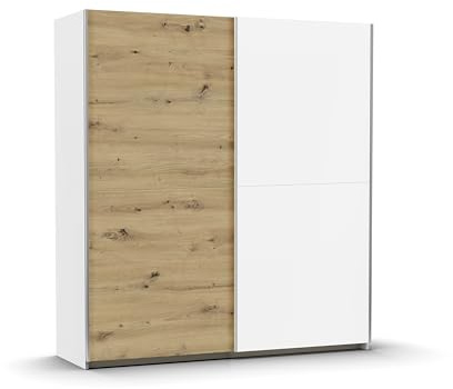 Rauch Möbel Saturn, Kleiderschrank mit Schwebetüren für Schlafzimmer, Kinderzimmer, Babyzimmer, Garderobe 2-türig, mit 2 zusätzlichen Einlegeböden, Farbe Weiß/Eiche Artisan, Holz, Breite 175 cm