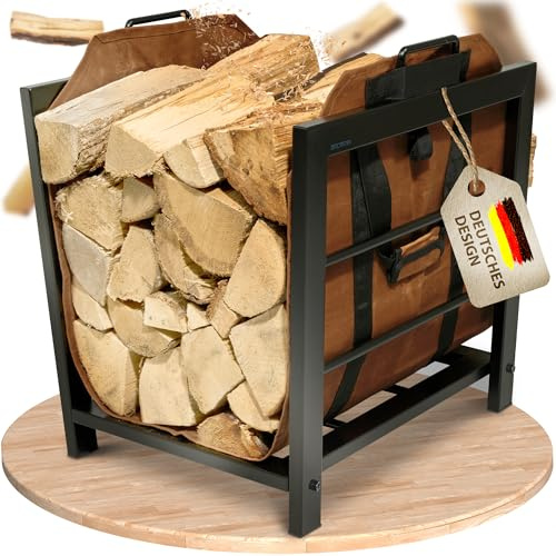Eklavia Kaminholzregal mit Canvas-Tragetasche 50×40×55 cm – stabiles Metall-Brennholzregal für saubere Holzaufbewahrung – Holzlager für Kamin & Ofen, Innen & Außen