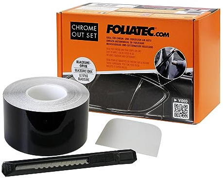 Foliatec Chrome Out Set Auto Zierleisten Folie Zierstreifen zum Folieren von Auto Chromleisten, schwarz glänzend, 15m x 5cm