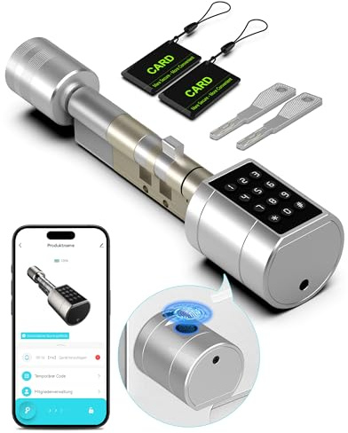 Eseesmart Türschloss Fingerabdruck, Fingerabdruck Schloss mit Zahlencode RFID Schlüssel APP, Elektrisches Smart Türschloss SchließZylinde Einstellbare Länge für 30-60mm Tür