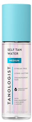 Tanologist Self Tan Water, Transparent, Medium, 200 ml | Bräunungsspray für Gesicht und Körper, Gleichmäßige Bräune ohne Flecken und Streifen, Feuchtigkeitsspendend, Vegan