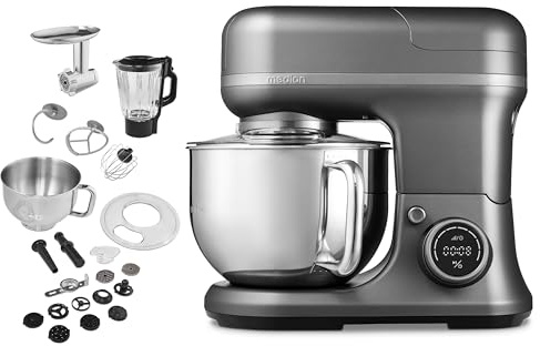 MEDION Küchenmaschine mit Fleischwolf - Mixer, 3in1 - Titan | Edelstahlschüssel, 1.200 Watt, Reiben Raspeln Schneiden, Digitales Touch Display, Knetmaschine, Teigmaschine, MD18430
