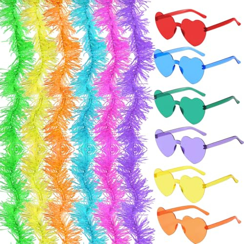 GWAWG Bunte Boas mit 6 rahmenlosen Sonnenbrillen, künstliche, flauschige Boas für Damen, 1,8 m lange Boas für Party, Karneval, Halloween