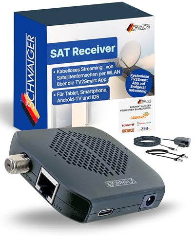 SCHWAIGER SAT Receiver I SAT-Dongle für Digitale Fernsehsignale per WLAN I kabelloses Streaming von Satellitenfernsehen per WiFi über TV2Smart App I drahtloser Satellitenempfänger für Fernseher