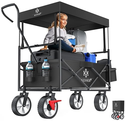 KESSER® Bollerwagen faltbar mit Dach Handwagen Transportkarre Gerätewagen klappbar mit 360° drehbare Vorder-Räder, Vorderrad-Bremse & Vollgummi-Reifen inkl. XXL Außen-Tasche, 2 Netztaschen & Abdeckung
