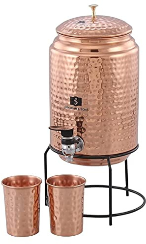 Shankar & Sons Yuvika 5 Liter Matka Wasserspender, reines Kupfer, 2 Kupfergläser, gesundheitliche Vorteile