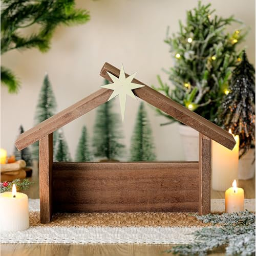 Wesiti Weihnachtskrippe aus Holz, Weihnachtskrippe mit Dachstern, 36,7 x 26,7 cm, für Innenmaßstab, 17,8 cm, Heilige Familie, Holz, stabile Krippe, Heimschreibtischdekoration (ohne Figuren)