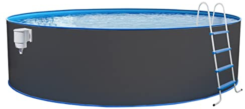 STEINBACH Stahlwandpool Set Nuovo – 011101G – Ø 350 x 120 cm – Runder Pool in Grau für bis zu 10.400 l Wasserinhalt – Mit winterfester Blauer Innenfolie und zahlreichem Zubehör