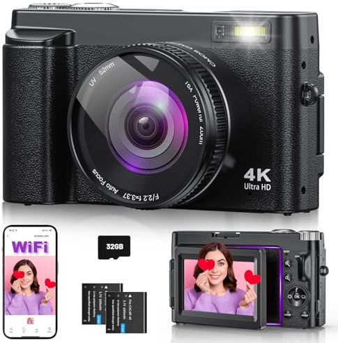 4K 64MP Digitalkamera mit WLAN und Autofokus, 3 180° Klappbildschirm, Kompaktkamera mit 32GB Karte, Ladestation und 2 Akkus,Fotokamera ideal für Anfänger