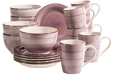 MÄSER 931950 Bel Tempo II Frühstück-Service für 6 Personen im Vintage Look, handbemalte Keramik, 18-teiliges Geschirr-Set, im Lila Farbton Berry, Steingut