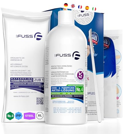 Mr. Fuss® No. 4 - Plus Pack Steel - Groß, Nagelhaut- Hornhautentferner Sparpaket 3 tlg. Aktiv-Lösung Schnell erweichend - 500 ml, Watte, Edelstahl-Schaber