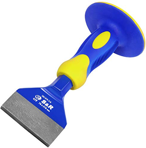 S&R Fliesenmeißel 216 x 76 mm Maurermeissel breit aus CHROM-VANADIUM Stahl mit Handschutz, speziell angewinkelte Meißelklinge Handmeißel in Profi-Qualität