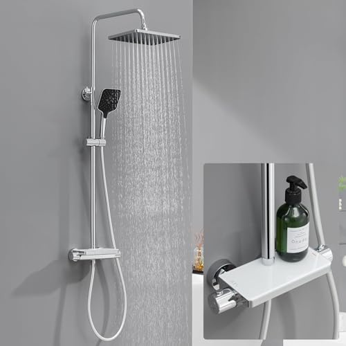 Lonheo Duschsystem mit Thermostat, Duscharmatur Komplettset mit Glasablage, Regendusche mit Armatur und 30X19cm Duschkopf, Handbrause mit 3 Strahlarten und PVC Duschschlauch, 88-124cm Höhenverstellbar