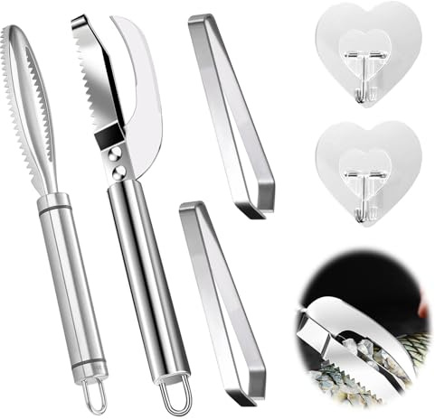 Dreamsolearoy 3-in-1 Fischmesser Set mit Fischschuppen-Entferner, Grätenzange & Haken - Rostfreier Edelstahl für Küche, Angeln, Professionelles Filetieren, Fischschaber Küchenhelfer