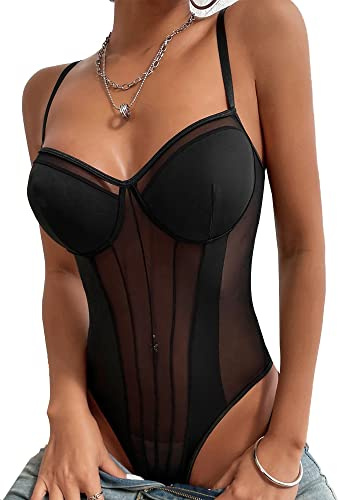 Damen Neckholder Transparenter Netz Spaghettiträger Body Mesh Bodysuit Ohne Ärmel Slim Bodies Oberteil Overall Sexy Teil Bodysuit