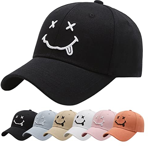 Baynetin Baseball Cap Classic Baumwolle Stickerei Baseballkappen Gestickte Lächeln Verstellbar Sonnenschutz Basecap für Herren Damen, Sportlicher Draußen Kappen Hüte (Schwarz)