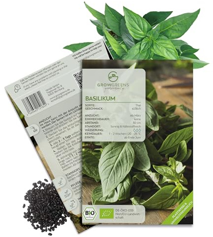 Bio Thai Basilikum Samen - Küchenkräuter Saatgut aus biologischem Anbau ideal für den heimischen Kräutergarten, Balkon & Garten (250 Korn)