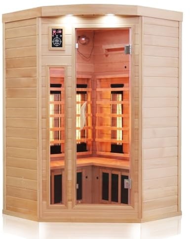 Dewello® Infrarotkabine Infrarotsauna LAKEFIELD 140cm x 140cm für 2-3 Personen aus Hemlock Holz mit Vollspektrumstrahler, LED-Farblicht, Bluetooth, FM,MP3,USB