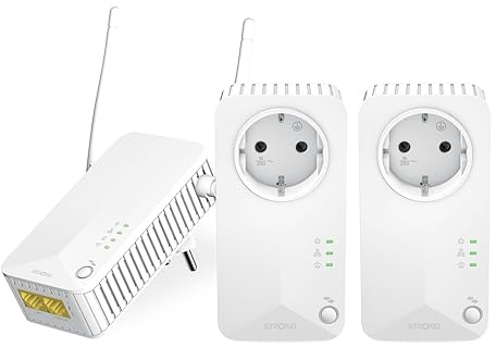 STRONG - Powerline 600 Triple Wi-Fi EU Set - 2 Powerline 600 Mbps + WLAN Adapter 300 Mbps, Fast-Internetzugang - integrierte Steckdose - 300 m Reichweite - Für alle Router - Hotspot + Ethernet - weiß