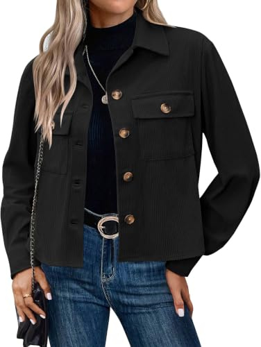 Hotouch Jacken Damen Übergangsjacke Leicht Blouson Jacke Kurz Cordjacke | Button Down, Casual Herbstjacke, Kurzjacke Herbst Winter, Dünne Jacke Langarm, mit Taschen
