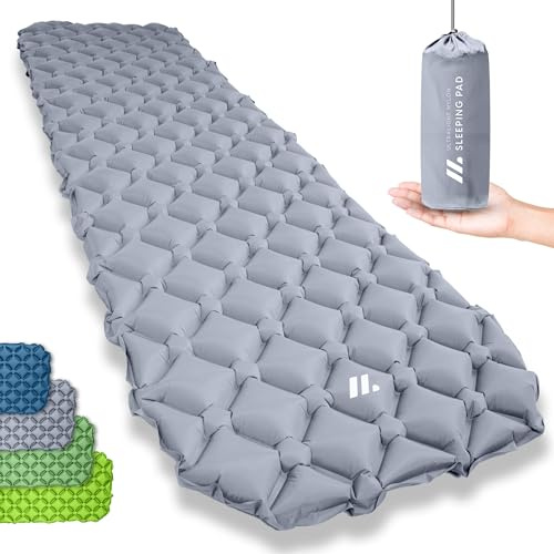 NORDMUT Isomatte Ultraleicht [mit Reparaturset] - Aufblasbare Luftmatratze Camping kleines Packmaß - Camping Matratze Wetterfest für Outdoor Zelt & Festivals - Grau