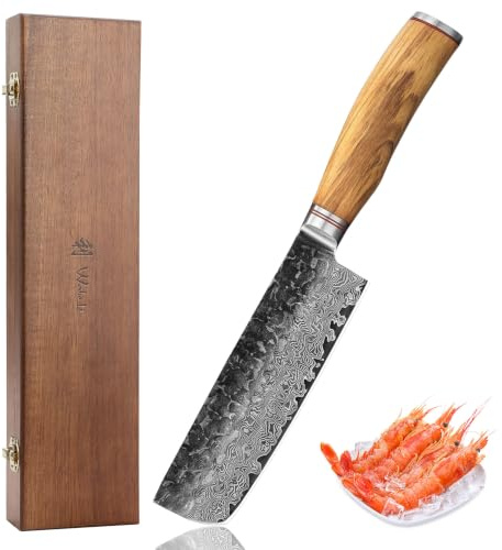 Wakoli Olive HS Nakirimesser 17 cm aus 67 Lagen Damaststahl mit VG10 Kern | Olivenholzgriff, dunkler Hammerschlag, 15° V-Schliff, 60±2 HRC und Holzbox für präzise Druckschnitte bei Gemüse und Kräutern
