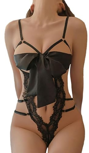 KONFEN Sexy Damen Dessous Set, Erotische Translucent Spitze Riemchen Bodysuit mit Bogen, Overall Lingerie mit Loch Reizwäsche BH und Höschen Sets, Verstellbare Offen Unterwäsche (Schwarz/Rot/Weiß)