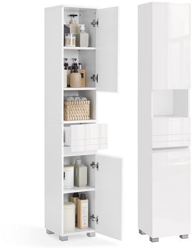 VASAGLE Badezimmerschrank, mit Einer Schublade, 30 x 30 x 170 cm | Badschrank, Badezimmermöbel, verstellbare Ablagen, offenes Fach, Wolkenweiß, KAIN Kollektion BBC560P31